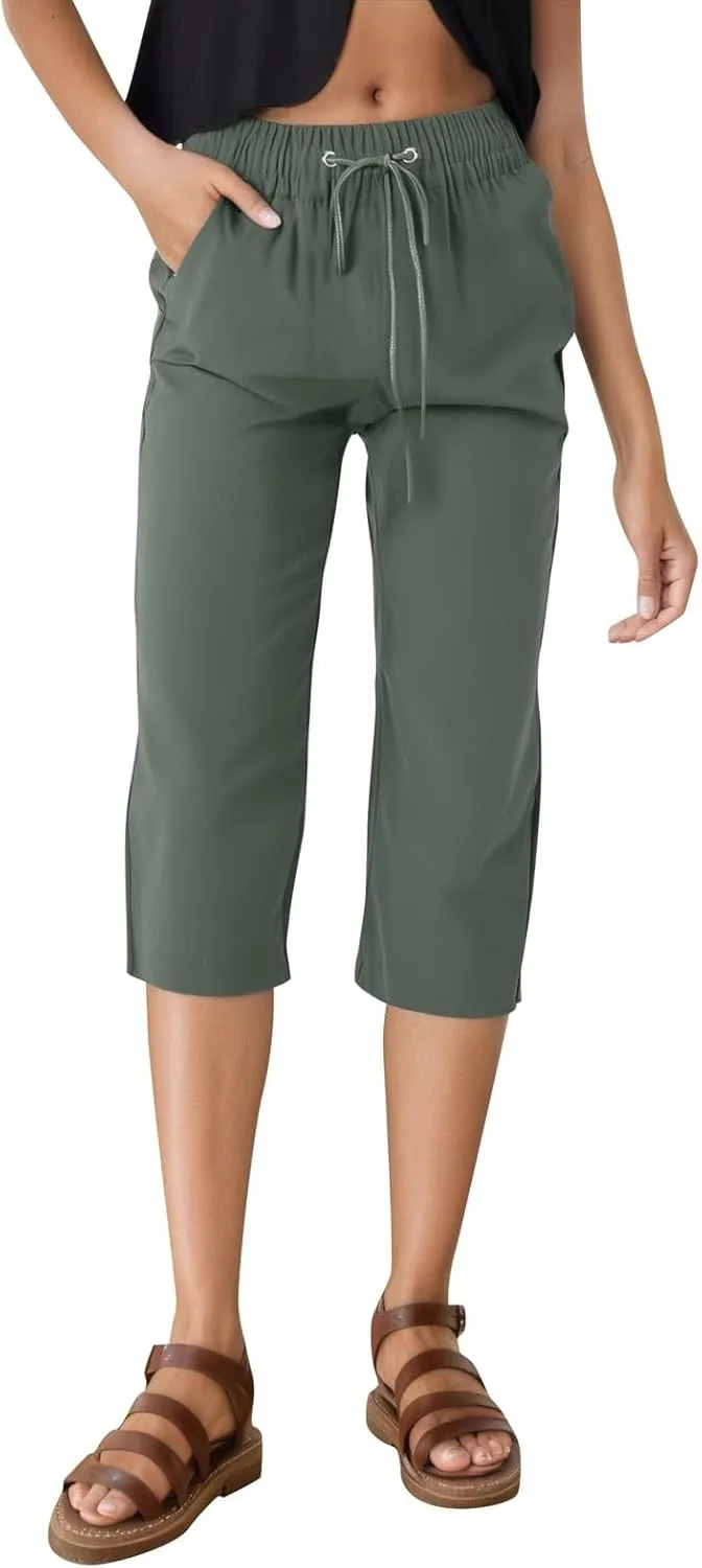 Womens Linen Pants Drawstring Loose Fit Stretchy Cropped Palazzo Pants Trousers Buttom Slit Summer Beach Travel Vacation