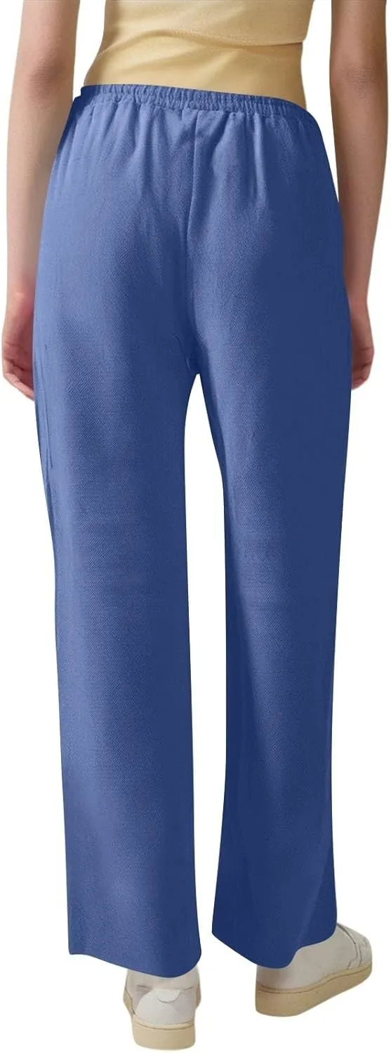 Women's Linen Pants High Waisted Loose Straight Leg Trousers Casual Summer Dress Pants Lounge Trousers with Pockets