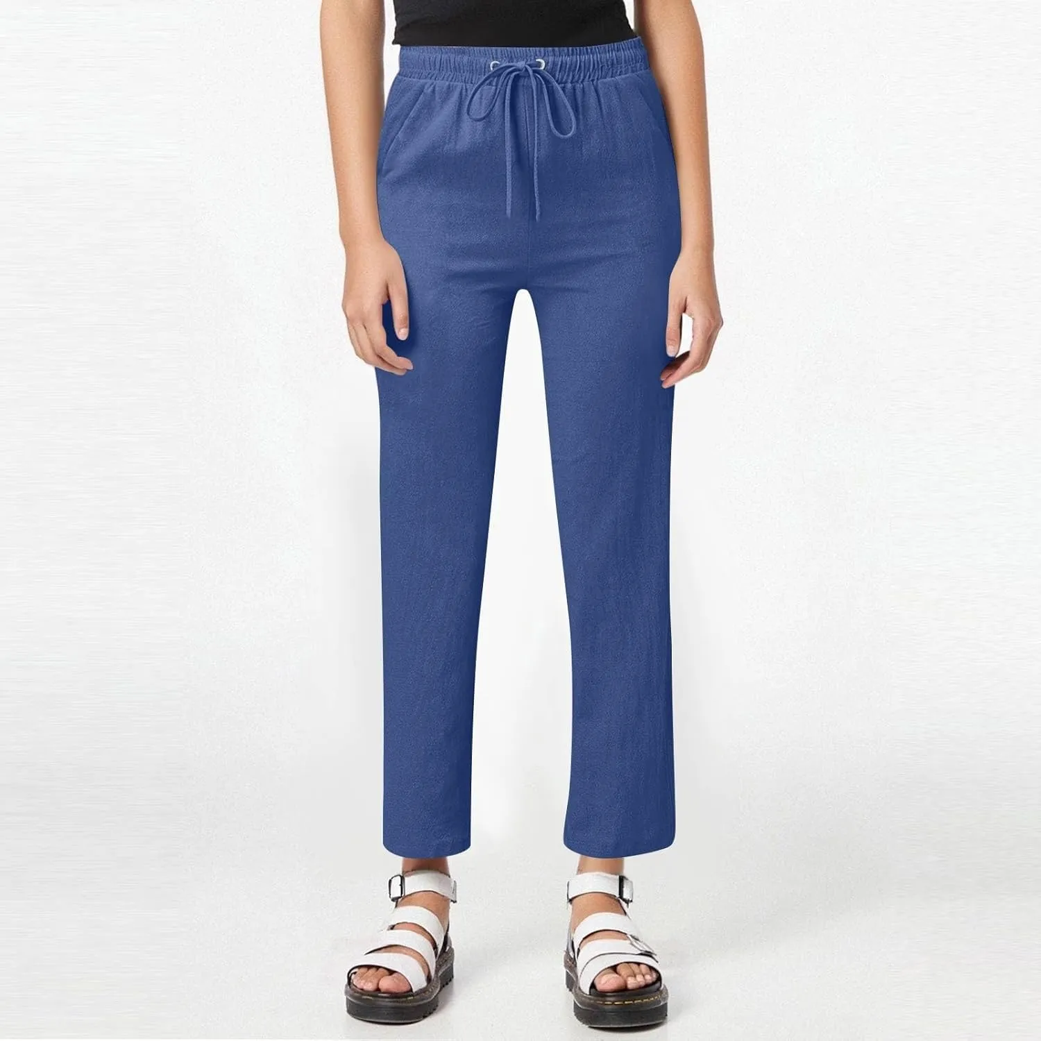 Women's Linen Pants High Waisted Loose Straight Leg Trousers Casual Summer Dress Pants Lounge Trousers with Pockets