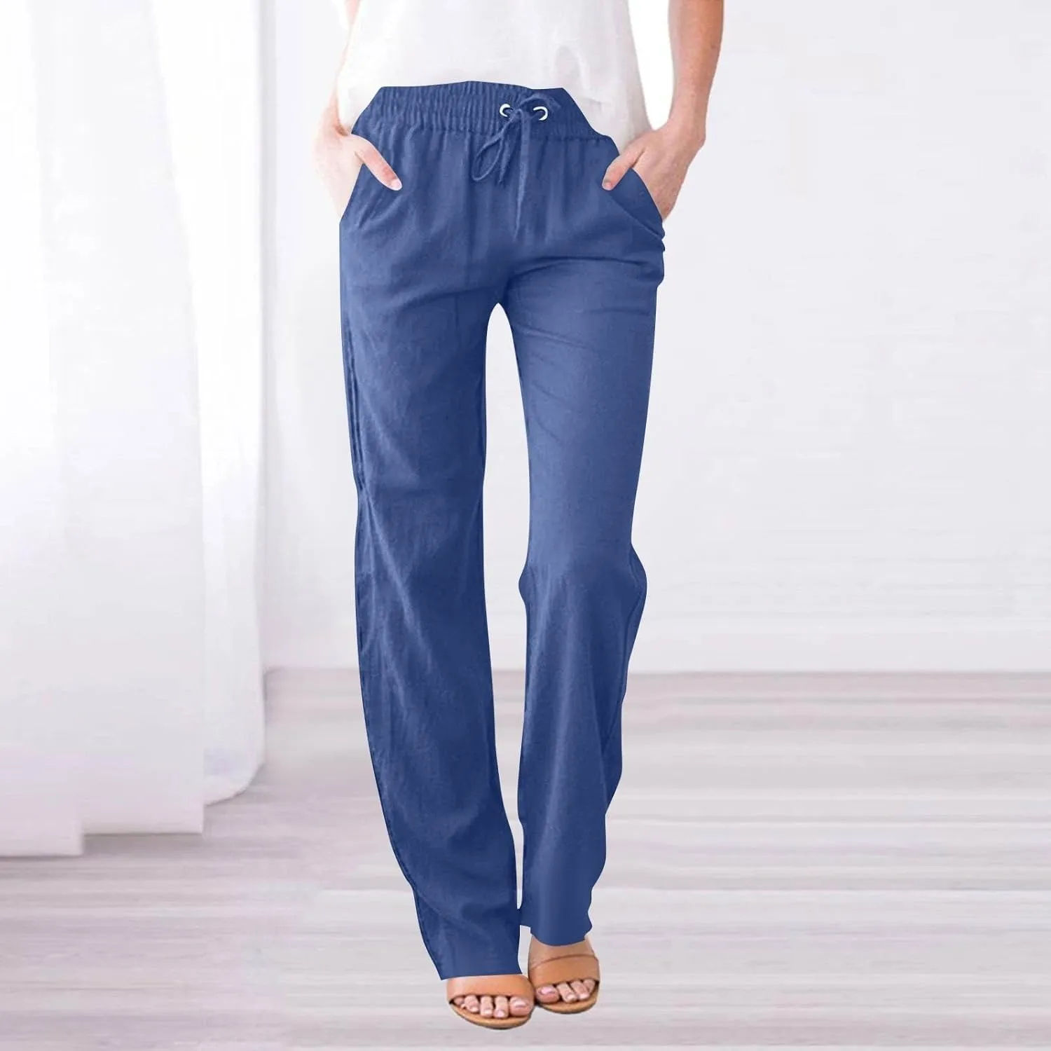 Women's Linen Pants High Waisted Loose Straight Leg Trousers Casual Summer Dress Pants Lounge Trousers with Pockets