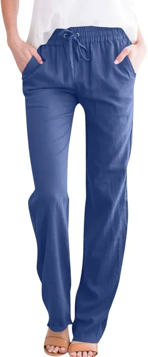 Women's Linen Pants High Waisted Loose Straight Leg Trousers Casual Summer Dress Pants Lounge Trousers with Pockets