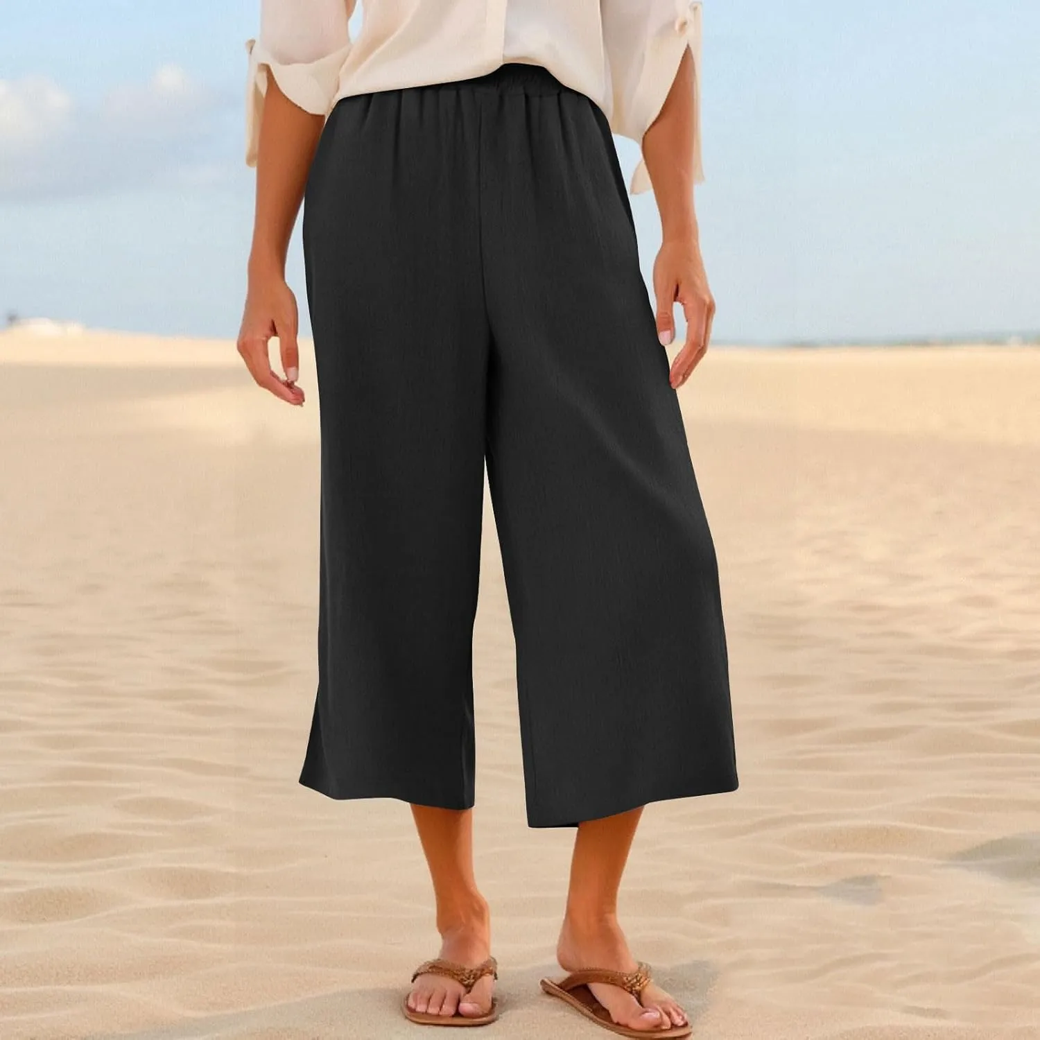 Womens Linen Pants Plus Size Dressy Casual Wide Leg Pants Summer Flowy Baggy Drawstring Palazzo Trousers 2025