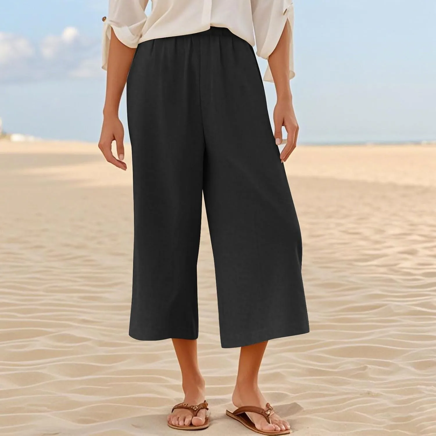 Womens Linen Pants Plus Size Dressy Casual Wide Leg Pants Summer Flowy Baggy Drawstring Palazzo Trousers 2025