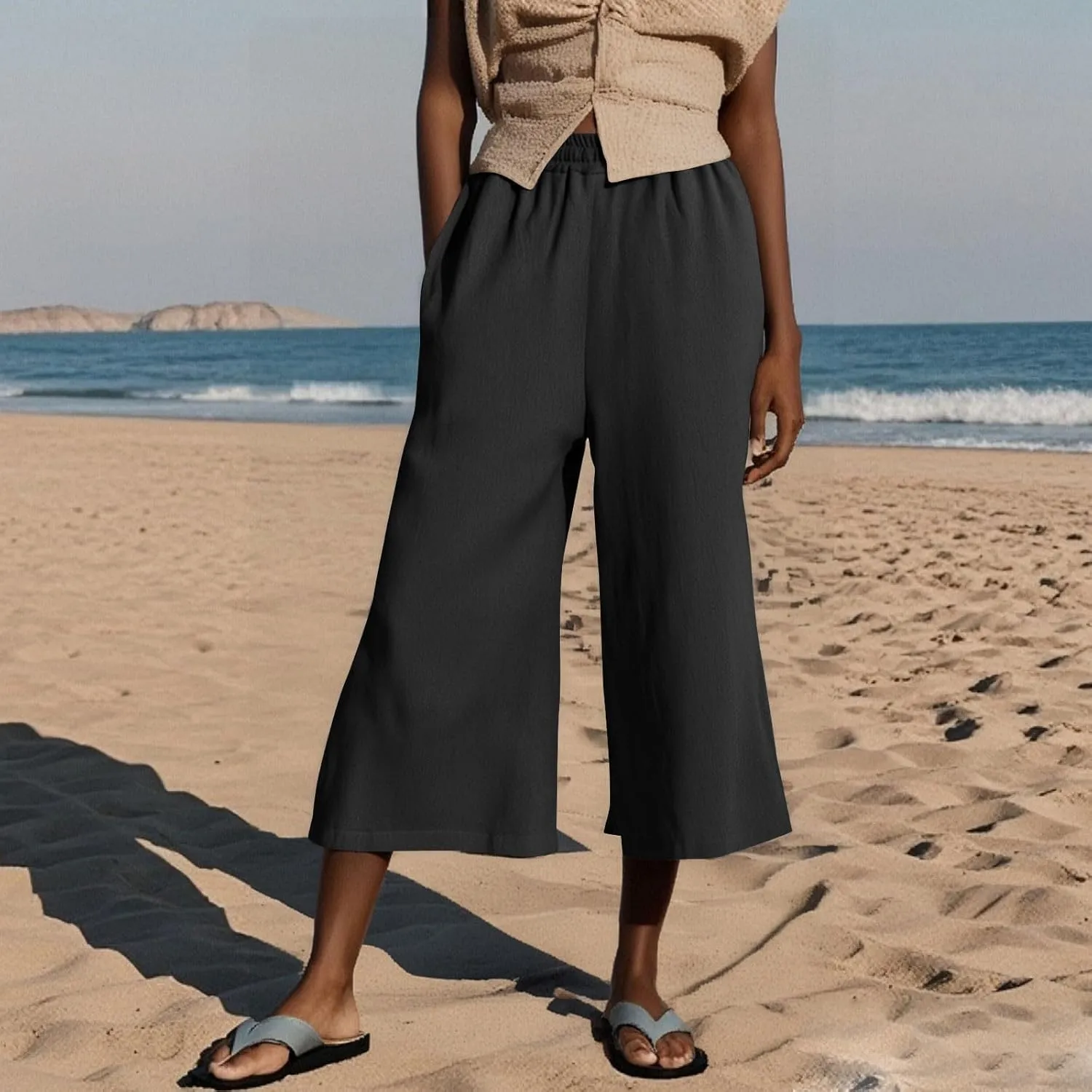 Womens Linen Pants Plus Size Dressy Casual Wide Leg Pants Summer Flowy Baggy Drawstring Palazzo Trousers 2025