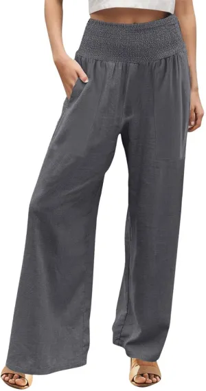 Womens Linen Pants Smocked High Waisted Wide Leg Palazzo Pants Elastic Waist Flowy Boho Beach Trousers with Pockets