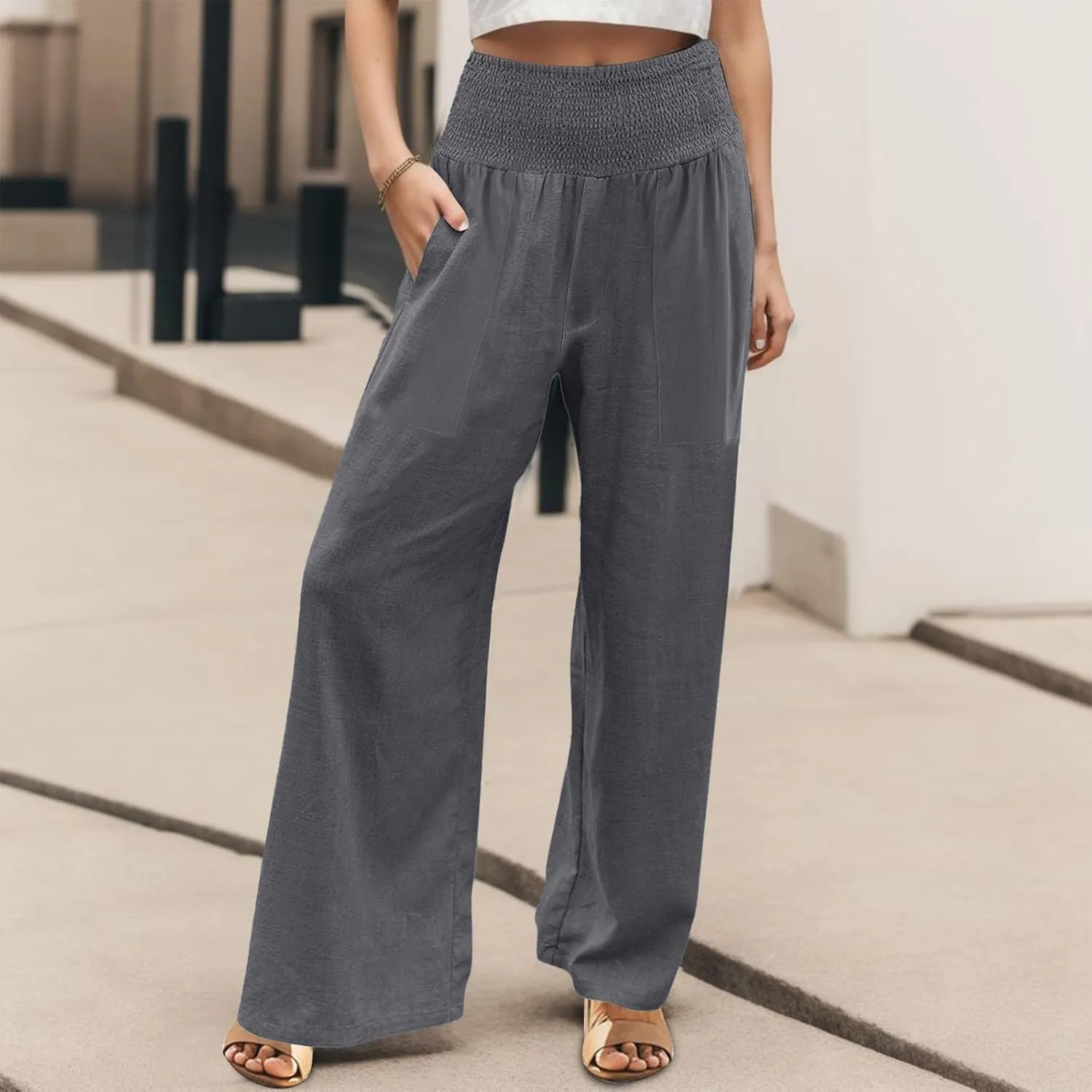 Womens Linen Pants Smocked High Waisted Wide Leg Palazzo Pants Elastic Waist Flowy Boho Beach Trousers with Pockets