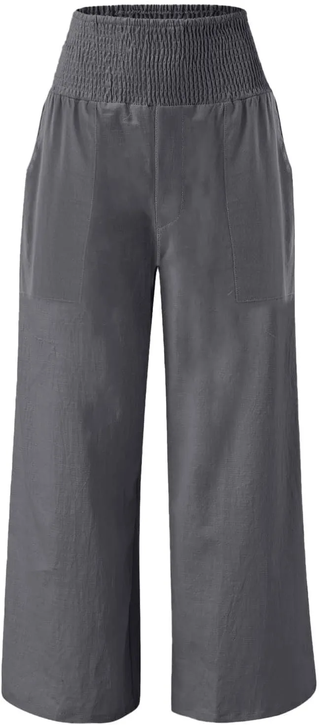 Womens Linen Pants Smocked High Waisted Wide Leg Palazzo Pants Elastic Waist Flowy Boho Beach Trousers with Pockets
