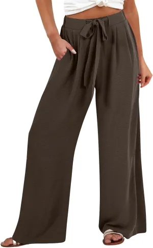 Womens Linen Pants Summer 2025 Solid Casual Drawstring Waist Loose Fit Fashion Drawstring Flowy Palazzo with Pockets