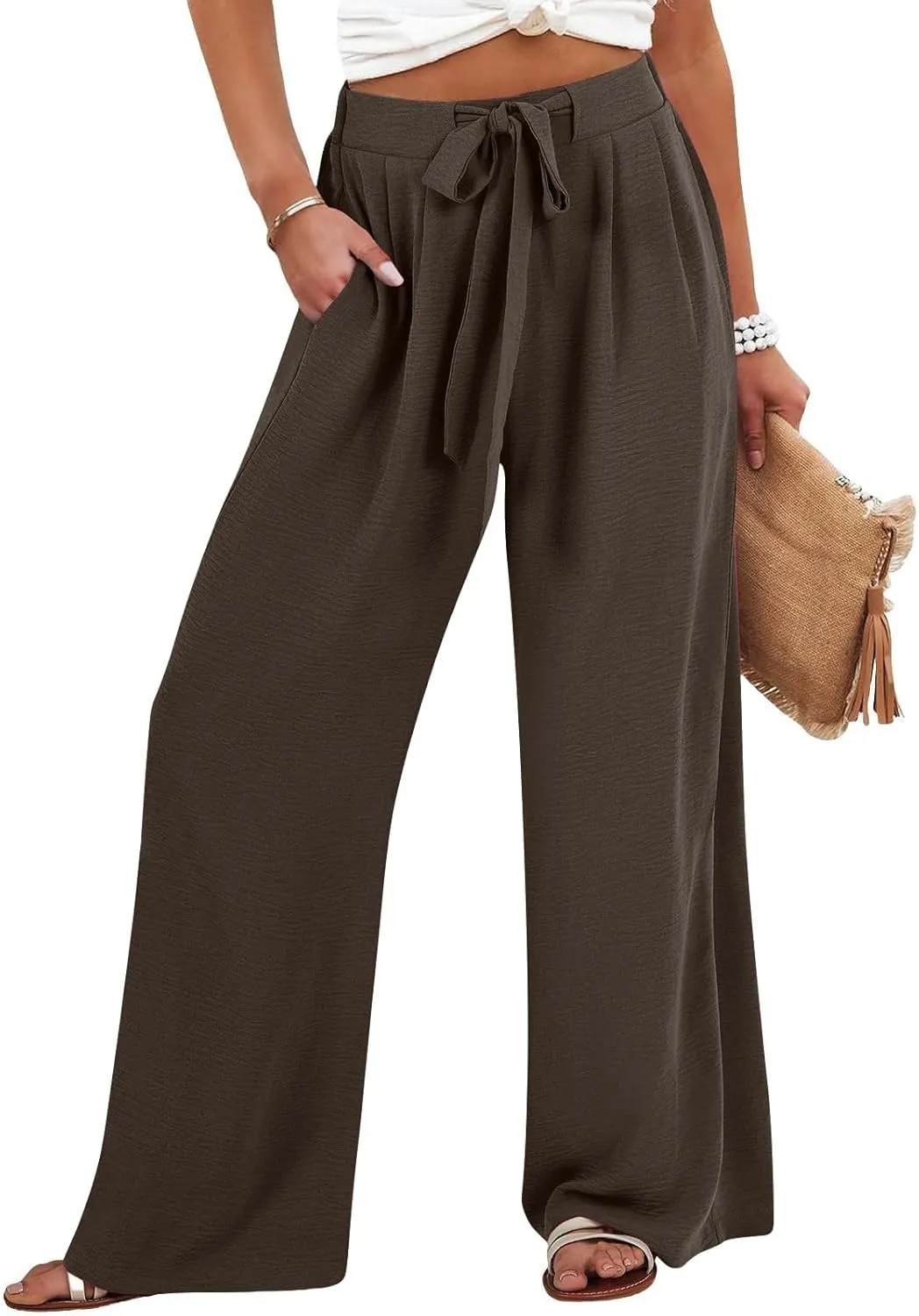 Womens Linen Pants Summer 2025 Solid Casual Drawstring Waist Loose Fit Fashion Drawstring Flowy Palazzo with Pockets