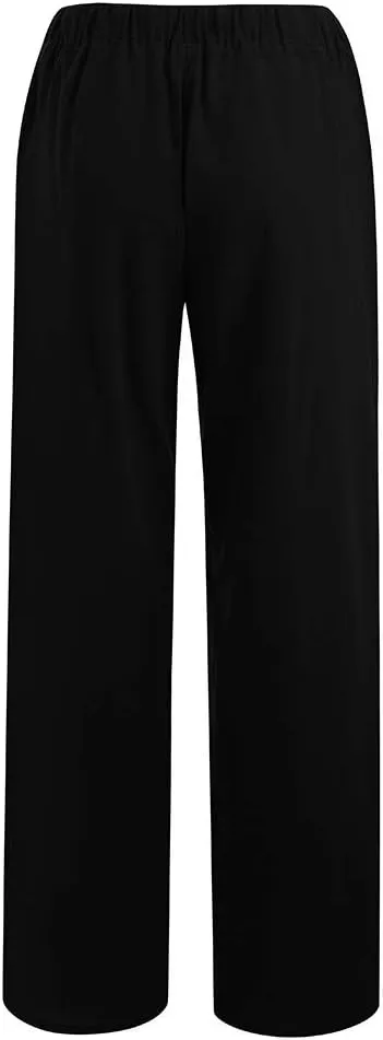 Women's Linen Pants Summer, Wide Leg, High Waisted, Drawstring, Beach Trousers, Blue, Size 0-22