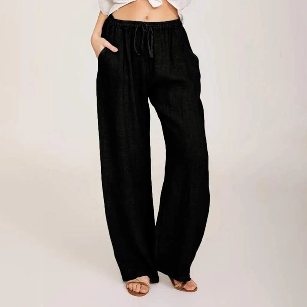 Women's Linen Pants Summer, Wide Leg, High Waisted, Drawstring, Beach Trousers, Blue, Size 0-22