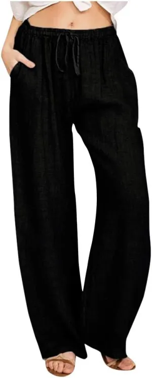 Women's Linen Pants Summer, Wide Leg, High Waisted, Drawstring, Beach Trousers, Blue, Size 0-22
