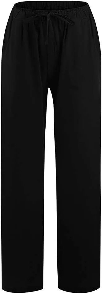 Women's Linen Pants Summer, Wide Leg, High Waisted, Drawstring, Beach Trousers, Blue, Size 0-22