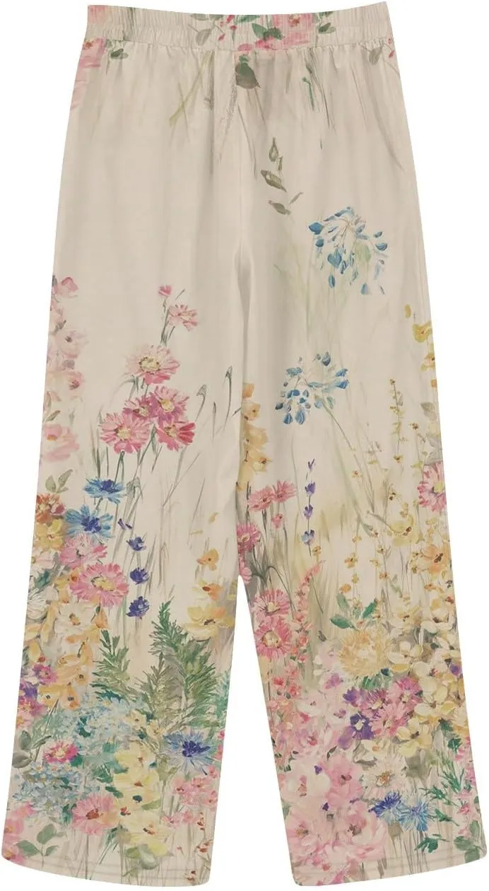 Womens Linen Pants with Pockets High Waist Boho Floral Print Comfy Gauze Pants Casual Lightweight Loose Trousers