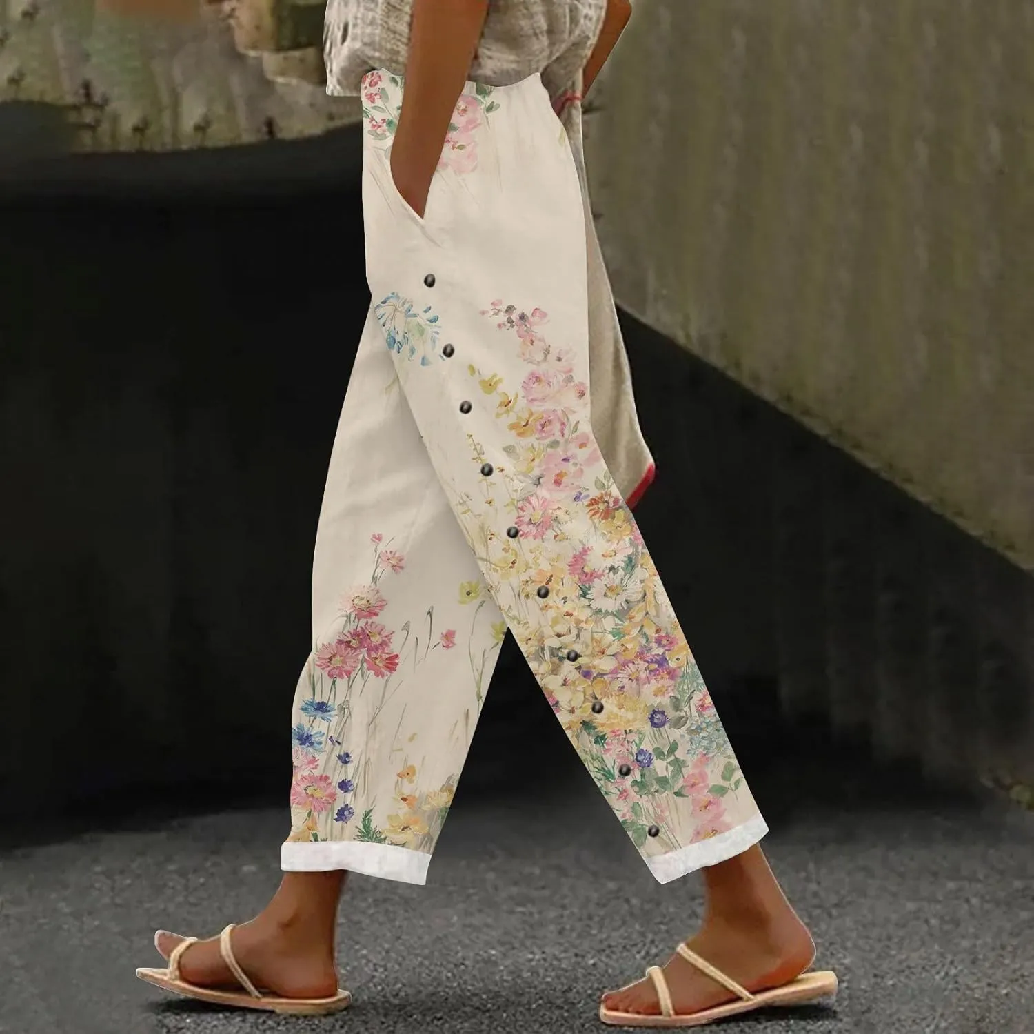 Womens Linen Pants with Pockets High Waist Boho Floral Print Comfy Gauze Pants Casual Lightweight Loose Trousers