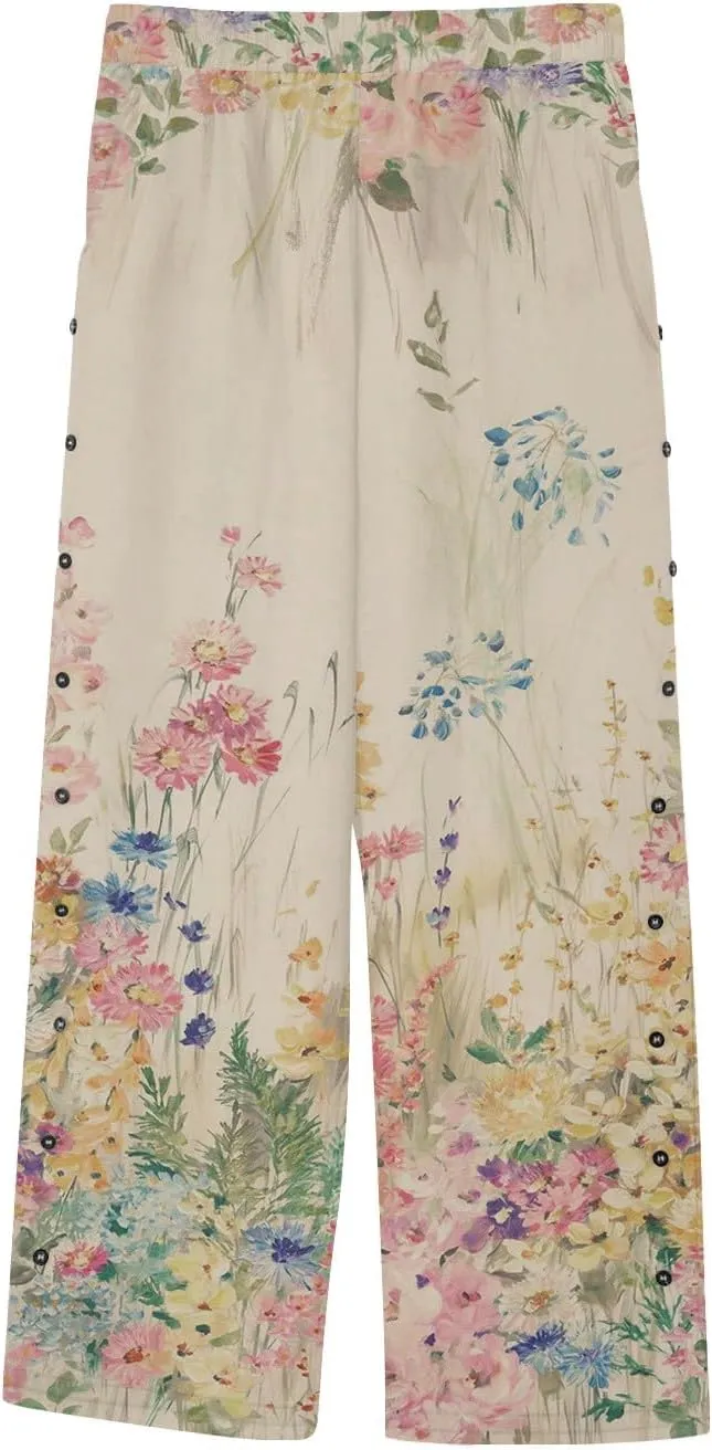 Womens Linen Pants with Pockets High Waist Boho Floral Print Comfy Gauze Pants Casual Lightweight Loose Trousers