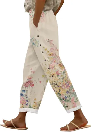 Womens Linen Pants with Pockets High Waist Boho Floral Print Comfy Gauze Pants Casual Lightweight Loose Trousers