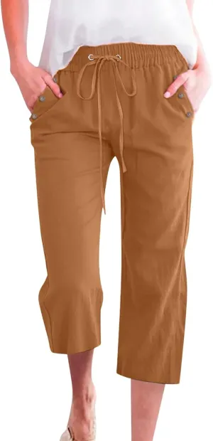 Womens Linen Striped Capris Summer Capri Pants 2025 Summer 2025 Wide Leg Loose Drawstring Elastic Waist Cropped Trouser