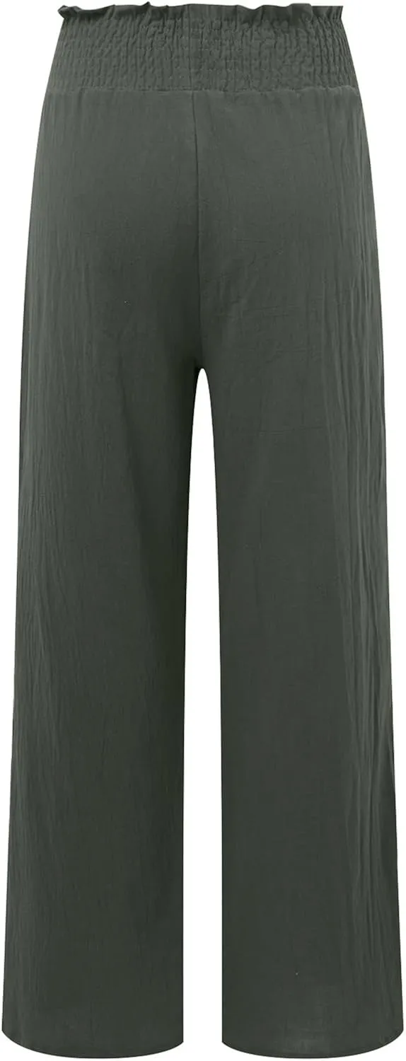 Womens Linen Summer Floral Pant Trousers Elastic Waisted Lounge Pants Plus Size Pants Travel
