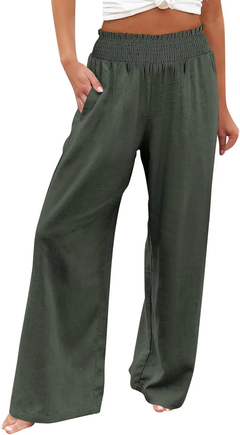 Womens Linen Summer Floral Pant Trousers Elastic Waisted Lounge Pants Plus Size Pants Travel