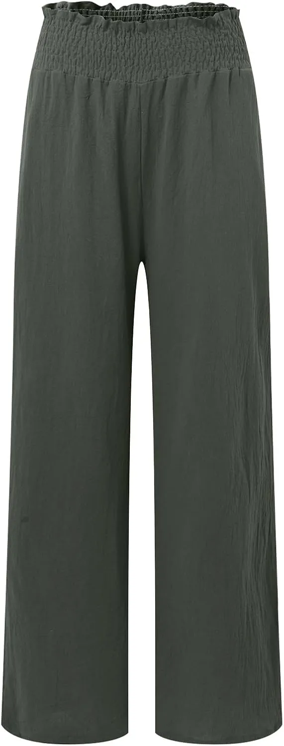 Womens Linen Summer Floral Pant Trousers Elastic Waisted Lounge Pants Plus Size Pants Travel
