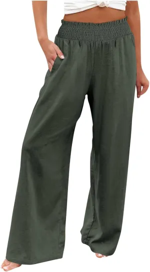 Womens Linen Summer Floral Pant Trousers Elastic Waisted Lounge Pants Plus Size Pants Travel