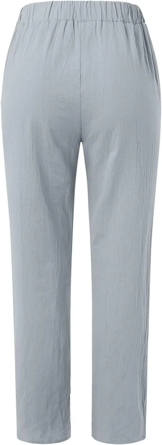 Women's Linen Summer Letter Patched Palazzo Pants High Waist Wide Leg Loose Fit Palazzo Lounge Pants Vacation