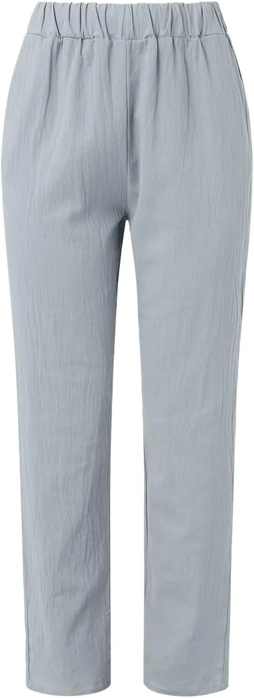 Women's Linen Summer Letter Patched Palazzo Pants High Waist Wide Leg Loose Fit Palazzo Lounge Pants Vacation