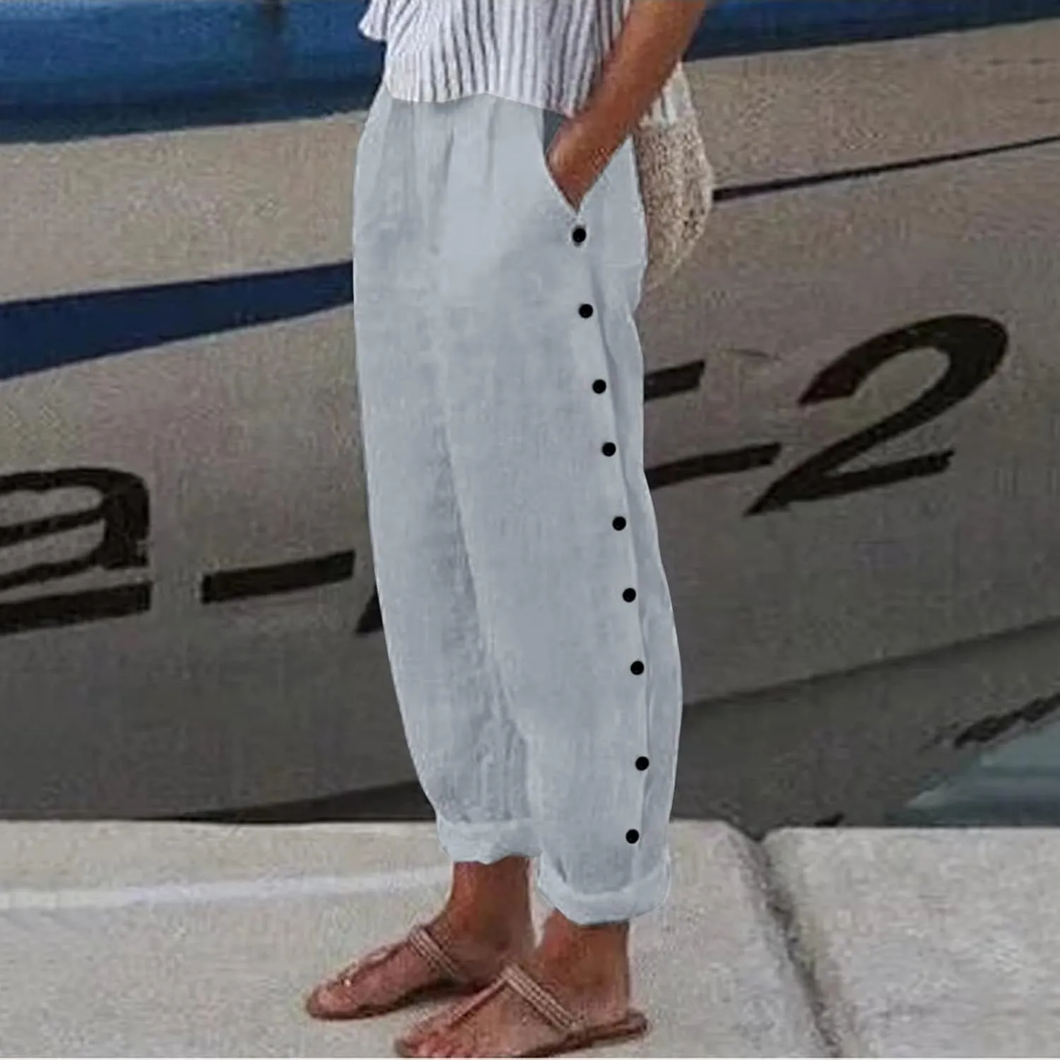 Women's Linen Summer Letter Patched Palazzo Pants High Waist Wide Leg Loose Fit Palazzo Lounge Pants Vacation