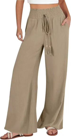 Women's Linen Summer Loose Pant Trousers High Waist Wide Leg Slim Fit Pants Beach