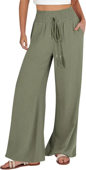 Women's Linen Summer Loose Pant Trousers High Waist Wide Leg Slim Fit Pants Beach