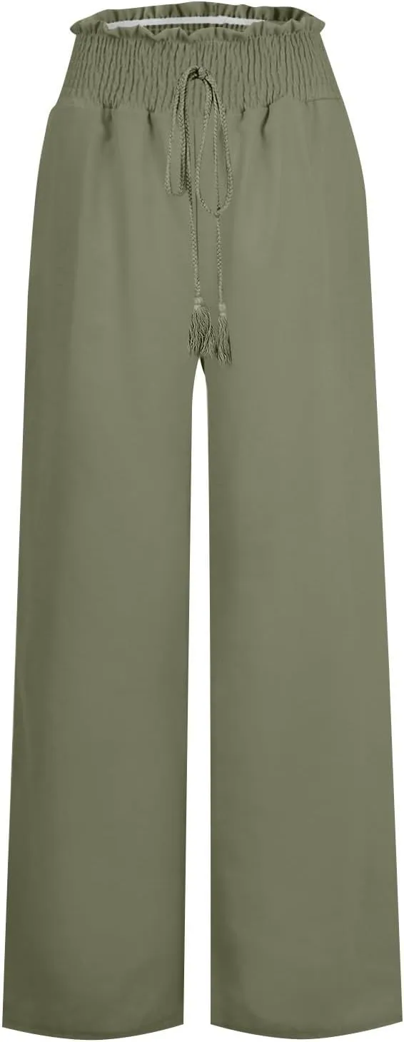 Women's Linen Summer Loose Pant Trousers High Waist Wide Leg Slim Fit Pants Beach
