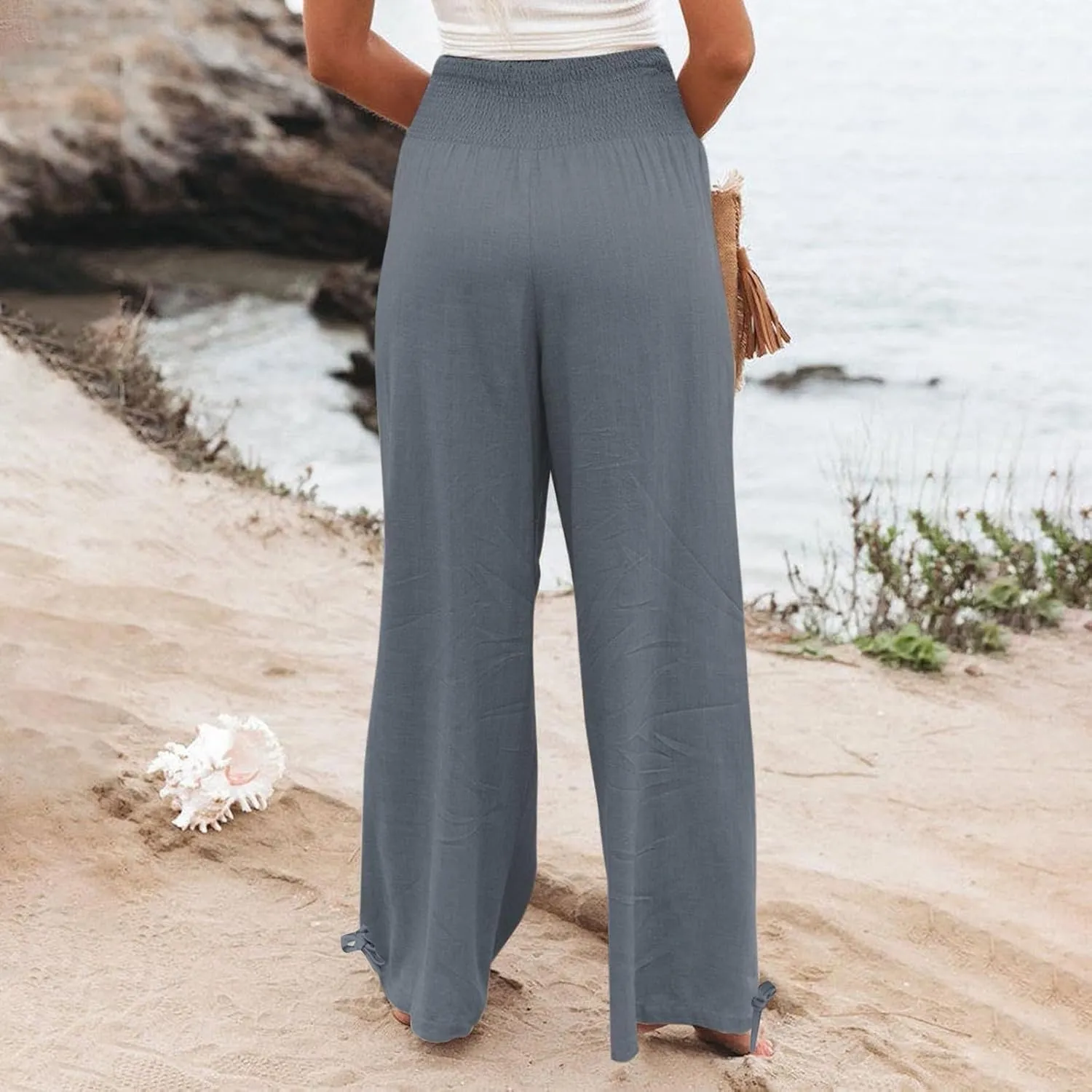 Women's Linen Summer Palazzo Pants Flowy Wide Leg Beach Pants with Pockets Casual Elastic High Waist Long Trousers