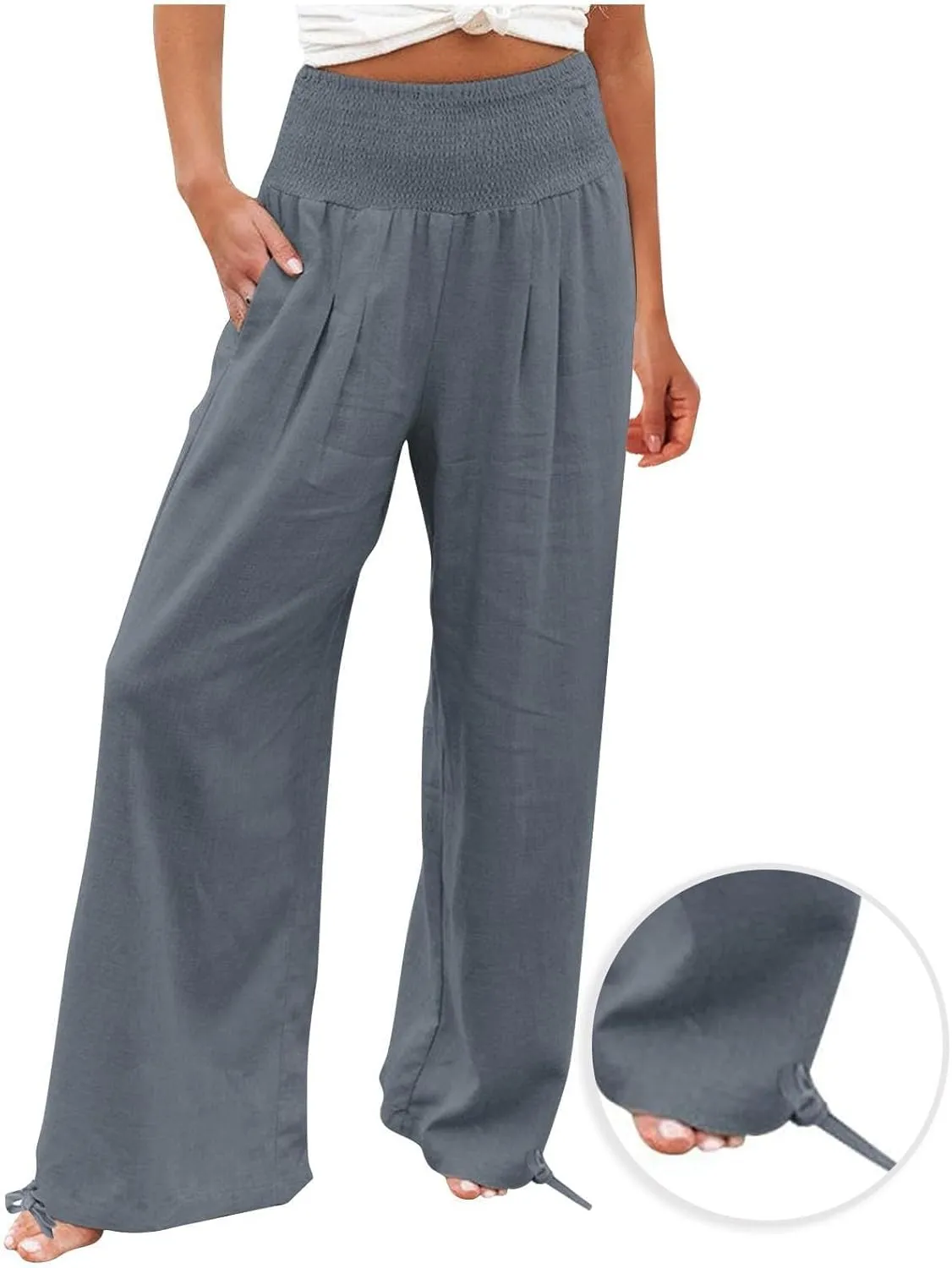 Women's Linen Summer Palazzo Pants Flowy Wide Leg Beach Pants with Pockets Casual Elastic High Waist Long Trousers