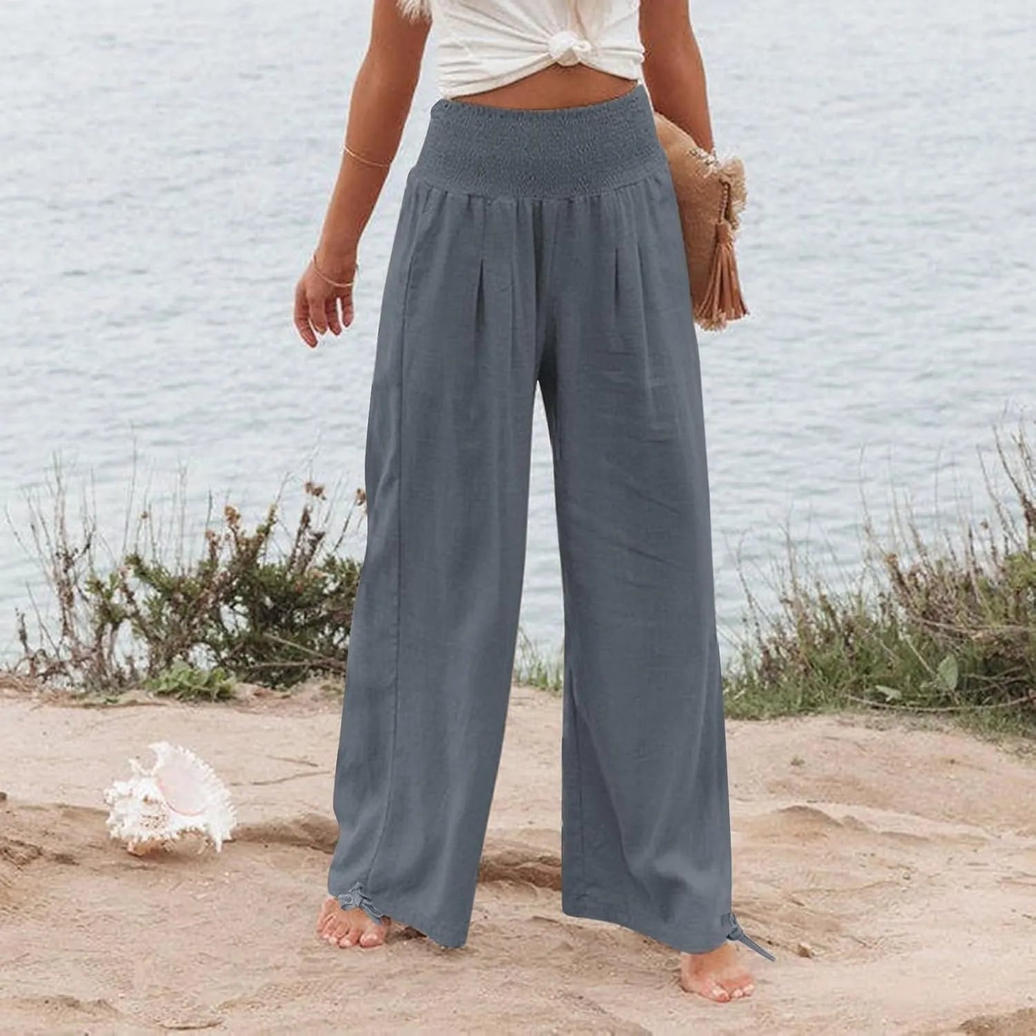 Women's Linen Summer Palazzo Pants Flowy Wide Leg Beach Pants with Pockets Casual Elastic High Waist Long Trousers