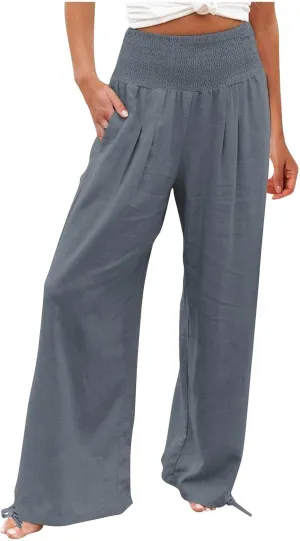 Women's Linen Summer Palazzo Pants Flowy Wide Leg Beach Pants with Pockets Casual Elastic High Waist Long Trousers