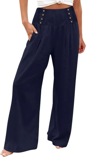 Womens Linen Summer Striped Palazzo Lounge Pants Elastic Waisted Wide Leg Loose Fit Palazzo Lounge Pants Office