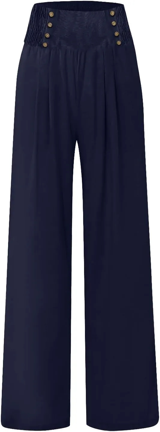 Womens Linen Summer Striped Palazzo Lounge Pants Elastic Waisted Wide Leg Loose Fit Palazzo Lounge Pants Office