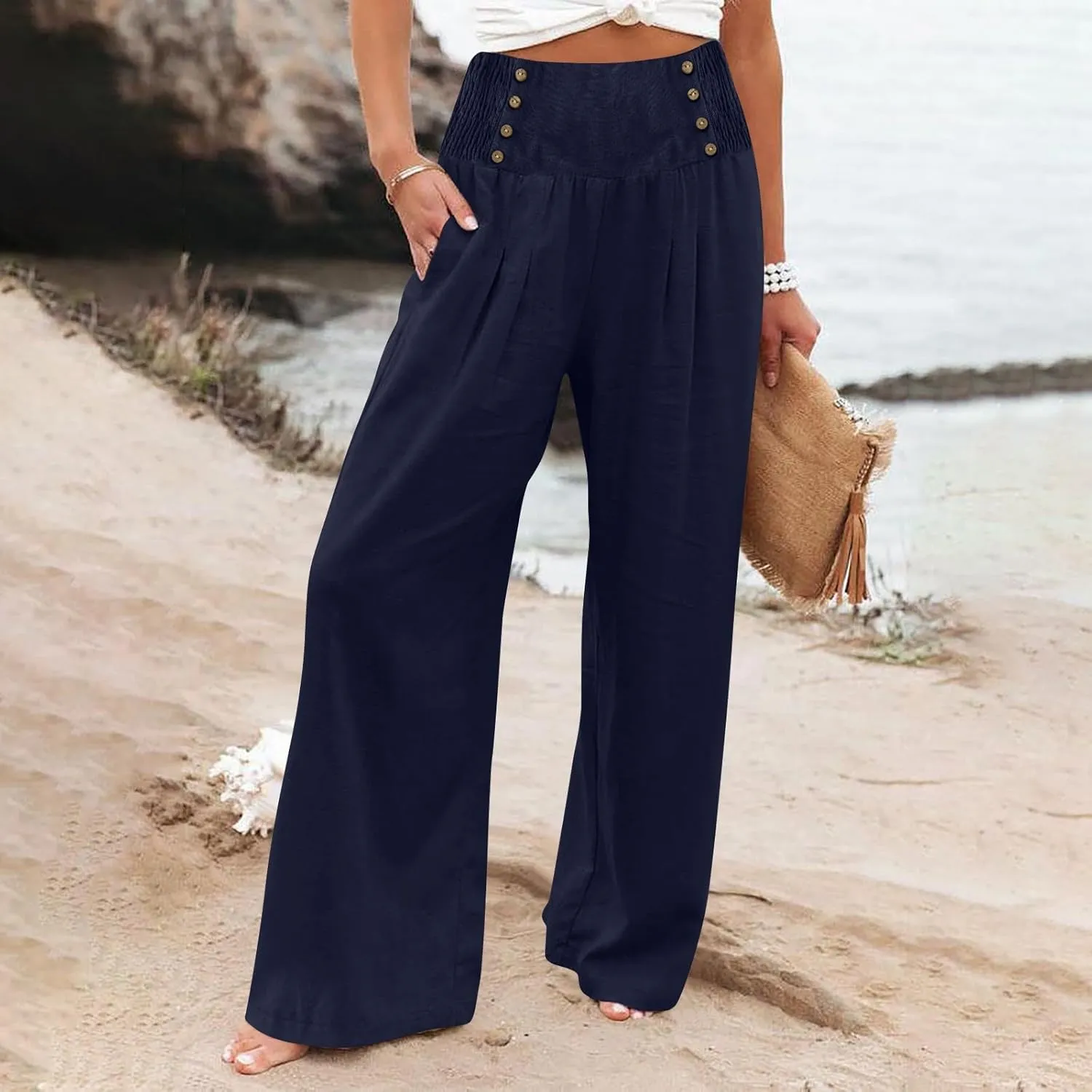 Womens Linen Summer Striped Palazzo Lounge Pants Elastic Waisted Wide Leg Loose Fit Palazzo Lounge Pants Office