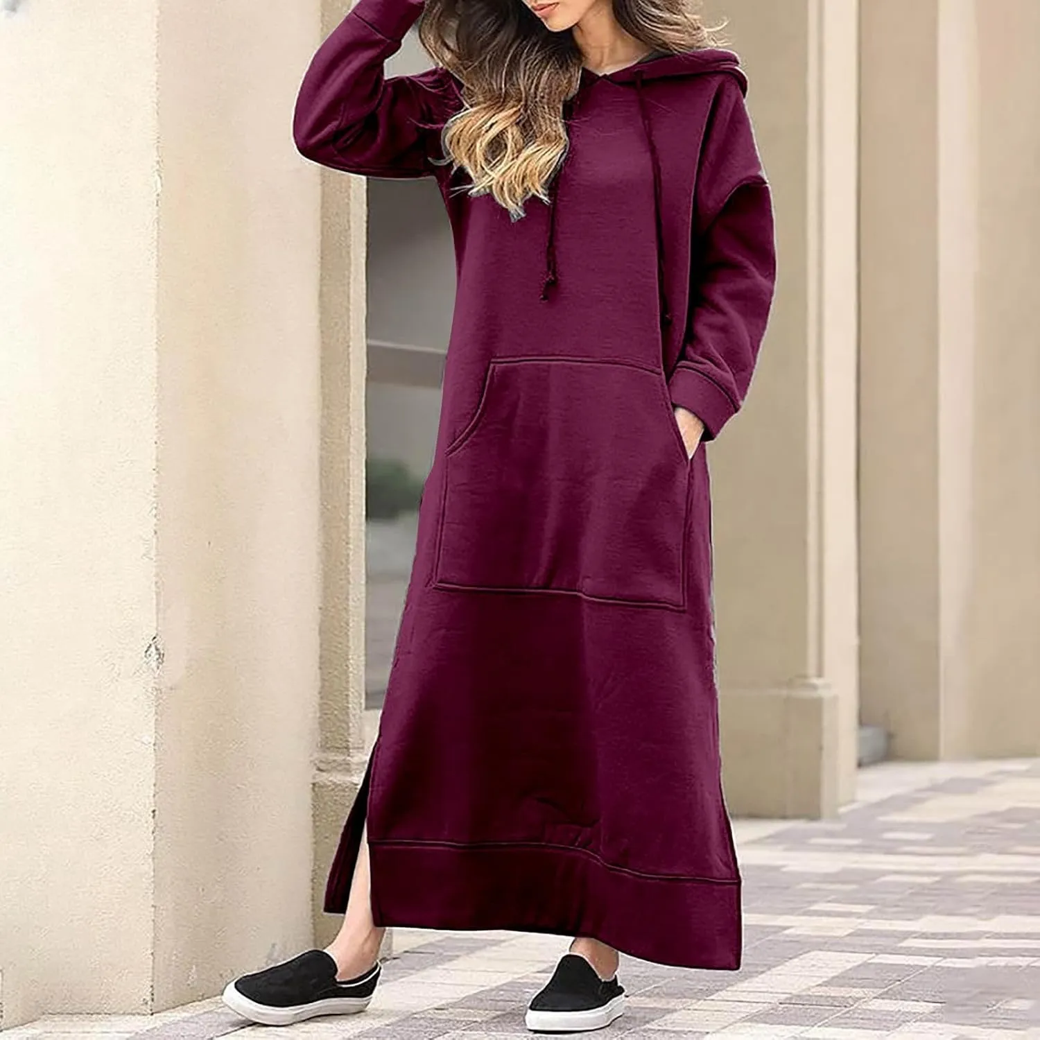Womens Long Sleeve Hoodies Casual Maxi Length Hooded Dress with Drawstring and Pocket S-5XL