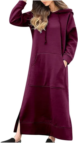 Womens Long Sleeve Hoodies Casual Maxi Length Hooded Dress with Drawstring and Pocket S-5XL