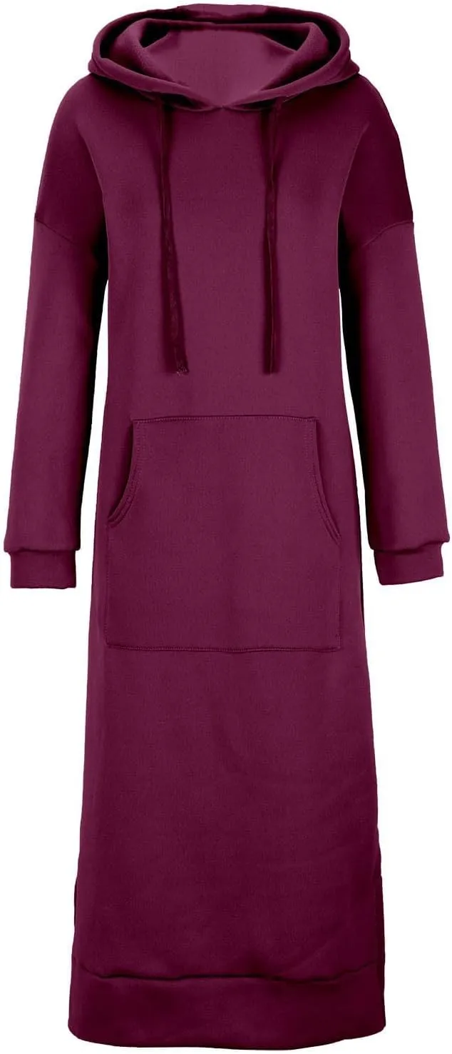 Womens Long Sleeve Hoodies Casual Maxi Length Hooded Dress with Drawstring and Pocket S-5XL