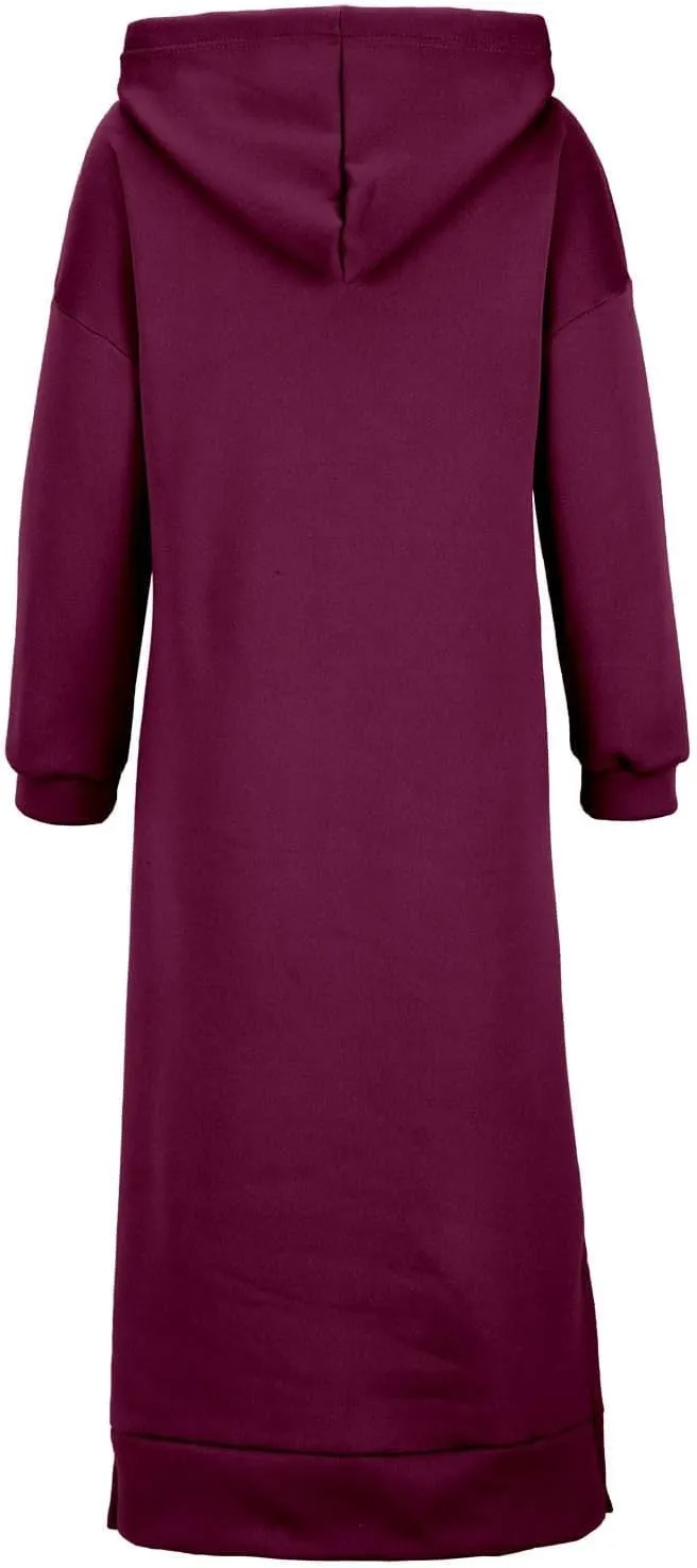 Womens Long Sleeve Hoodies Casual Maxi Length Hooded Dress with Drawstring and Pocket S-5XL