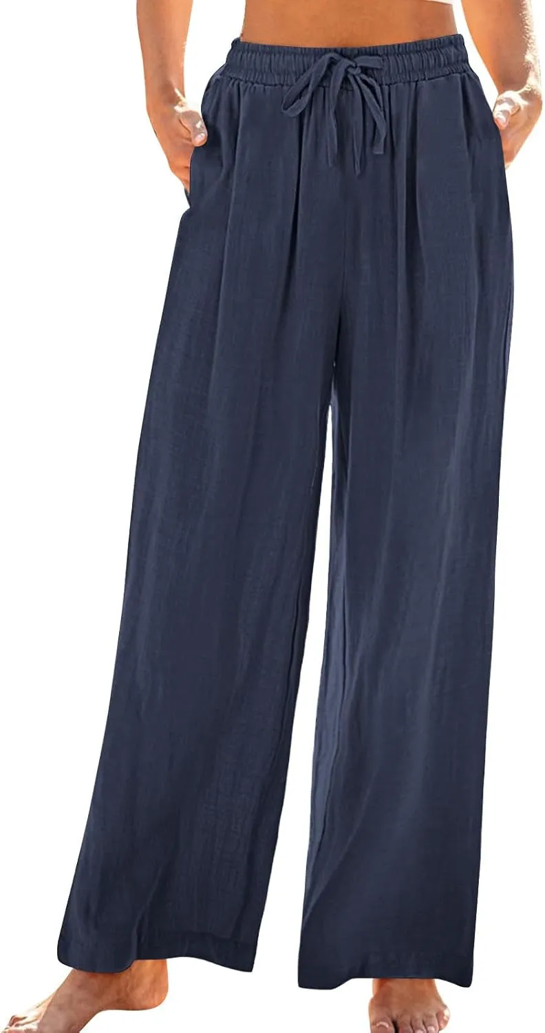 Women's Loose Wide Leg Casual Pant, Summer Cotton Linen Trendy Clothes Drawstring Pockets Basic Daily Trousers