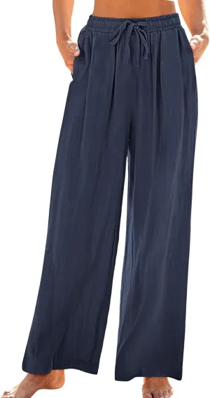 Women's Loose Wide Leg Casual Pant, Summer Cotton Linen Trendy Clothes Drawstring Pockets Basic Daily Trousers