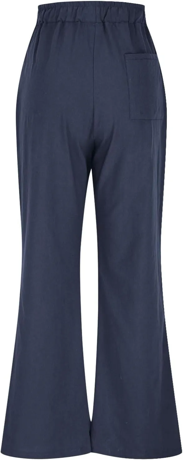 Women's Loose Wide Leg Casual Pant, Summer Cotton Linen Trendy Clothes Drawstring Pockets Basic Daily Trousers