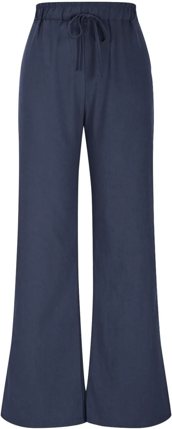 Women's Loose Wide Leg Casual Pant, Summer Cotton Linen Trendy Clothes Drawstring Pockets Basic Daily Trousers