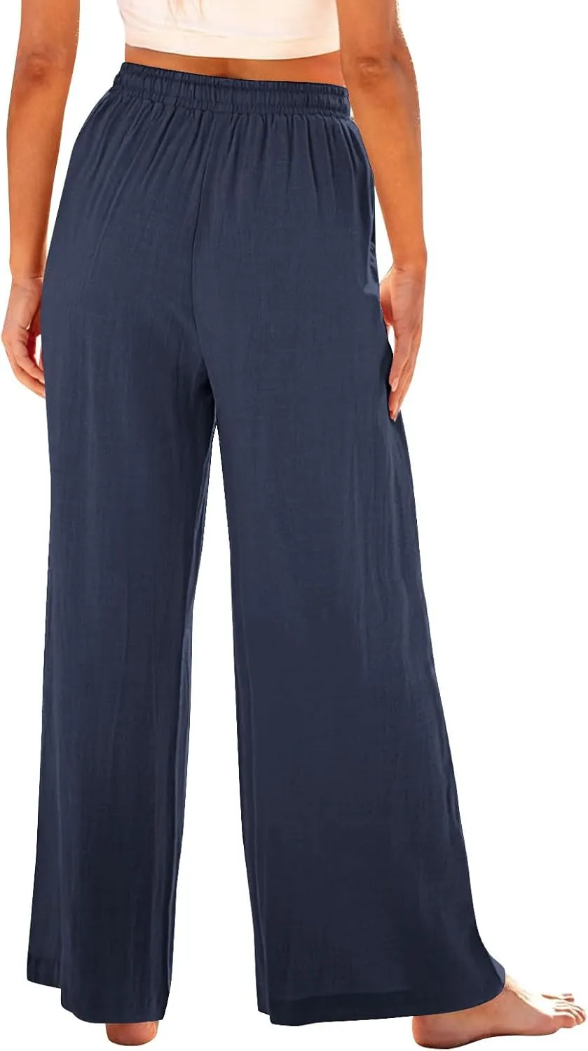 Women's Loose Wide Leg Casual Pant, Summer Cotton Linen Trendy Clothes Drawstring Pockets Basic Daily Trousers