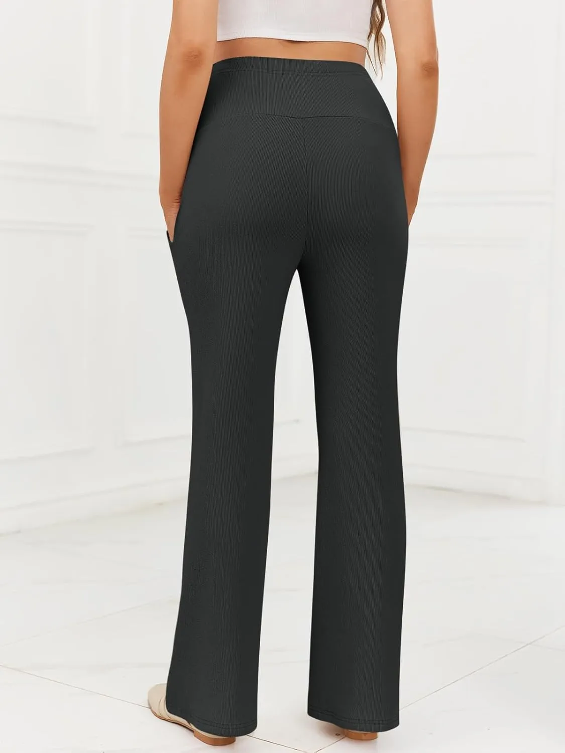 Women's Maternity Pants Casual Adjustable High Waist Flare Leggings Stretchy Pregnancy Trousers with Pockets