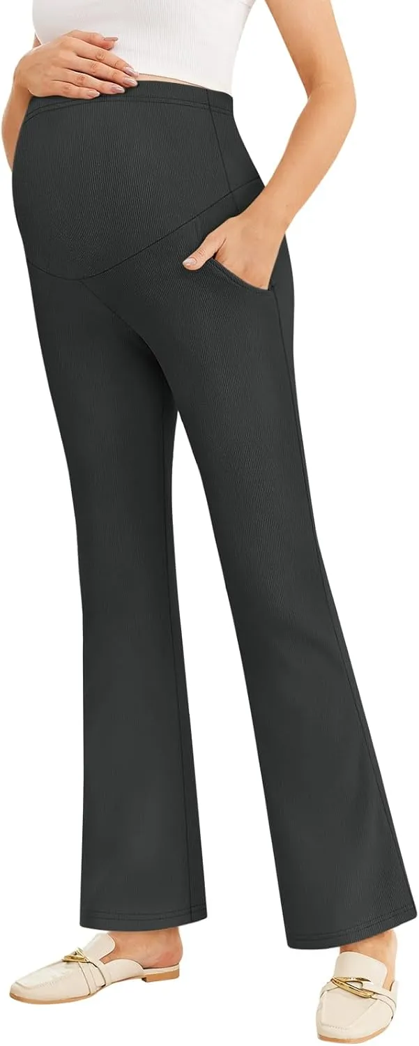 Women's Maternity Pants Casual Adjustable High Waist Flare Leggings Stretchy Pregnancy Trousers with Pockets